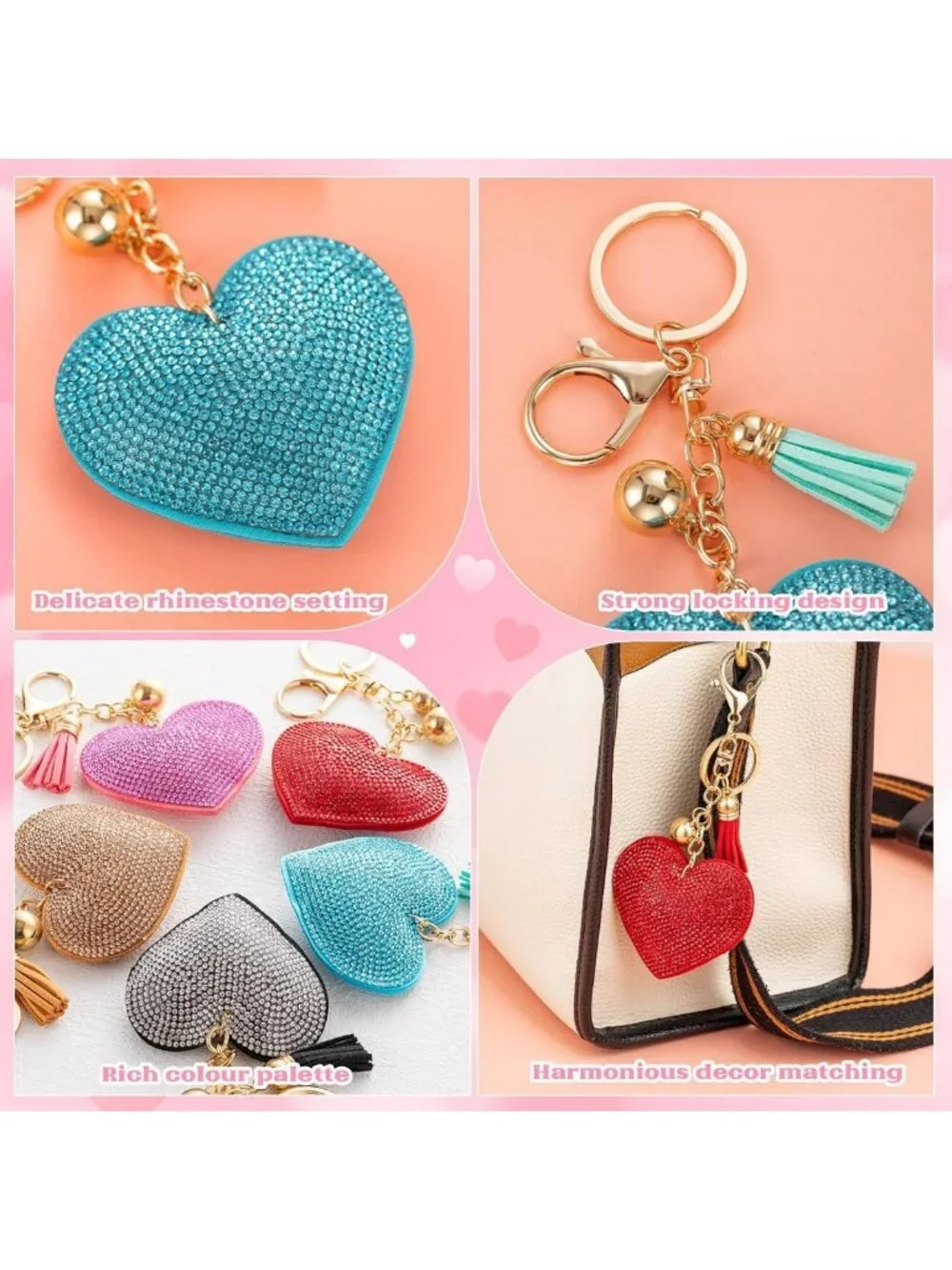 10pcs Glitter Heart Rhinestone Keychains with Tassels for Handbags - Bling